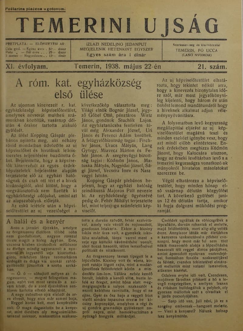 Temerini Újság 1928-1944, 11. évf. 1938. május 22. 21. sz.