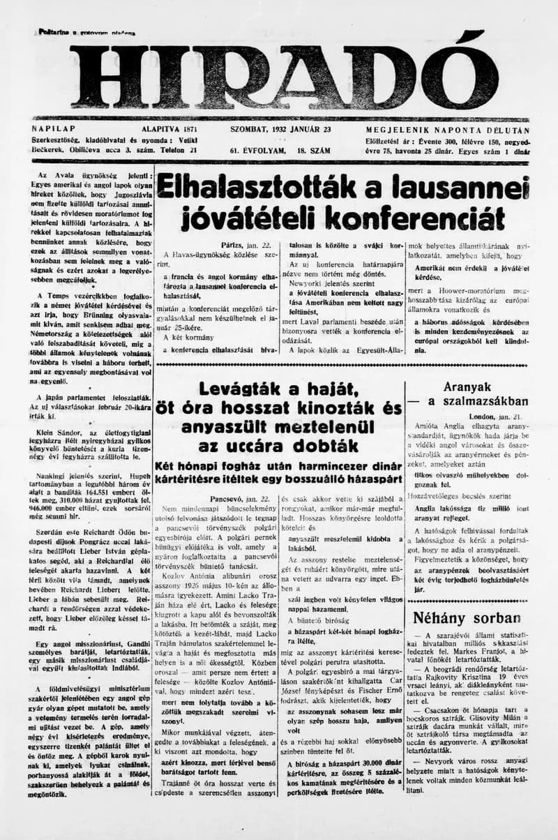 Híradó, 61. évf. 1932. január 23. 18. sz.