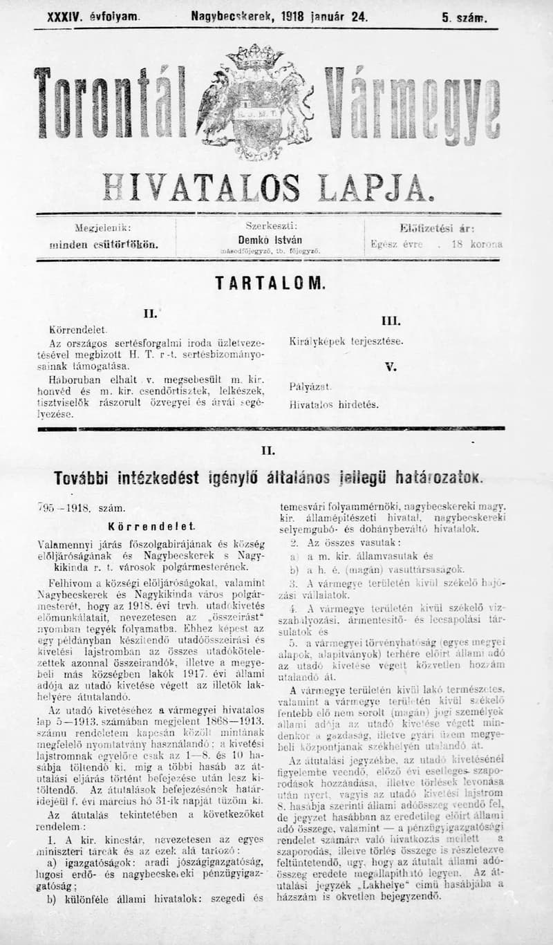 Torontál Vármegye Hivatalos Lapja, 34. évf. 1918. január 24. 5. sz.