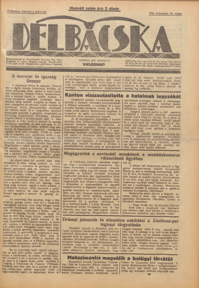 Délbácska, 8. évf. 1927. április 17. 90. sz.