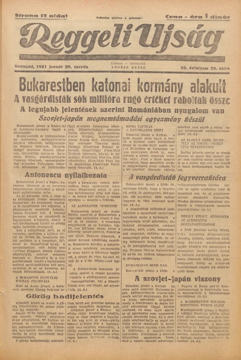 Reggeli Újság, 22. évf. 1941. január 29. 29. sz.