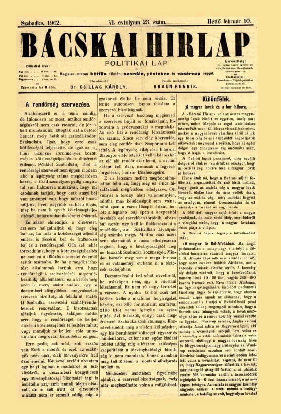 Bácskai Hirlap, 6. évf. 1902. február 10. 23. sz.