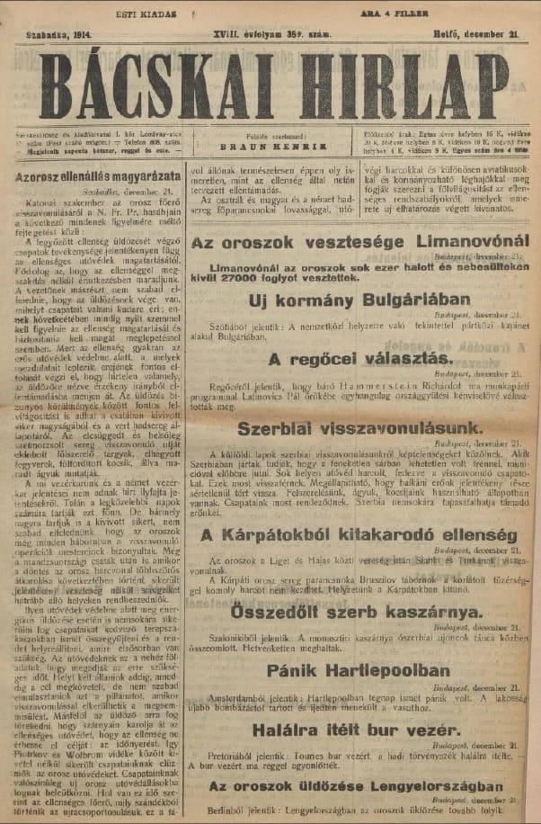 Bácskai Hirlap, 18. évf. 1914. december 21. 359. sz.