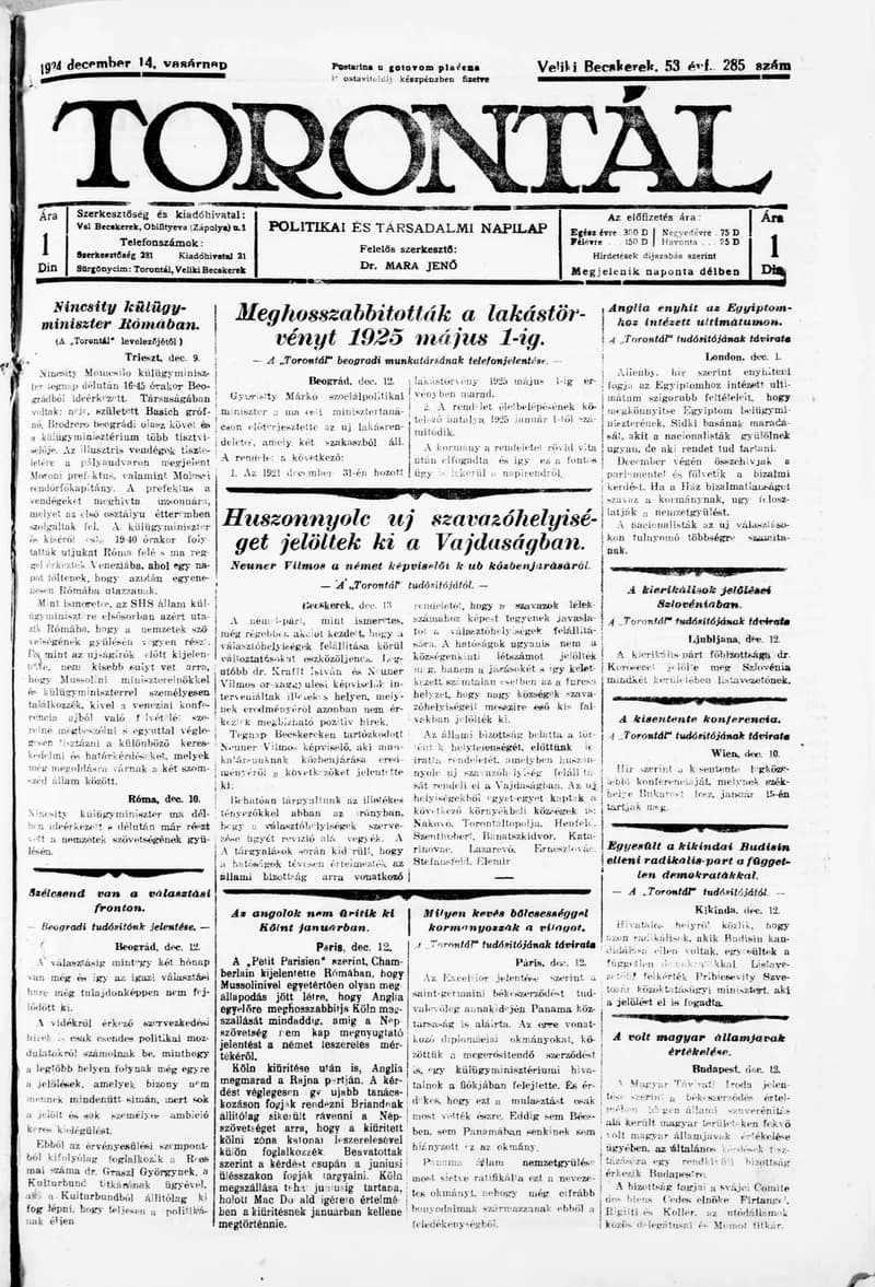 Torontál, 53. évf. 1924. december 14. 285. sz.
