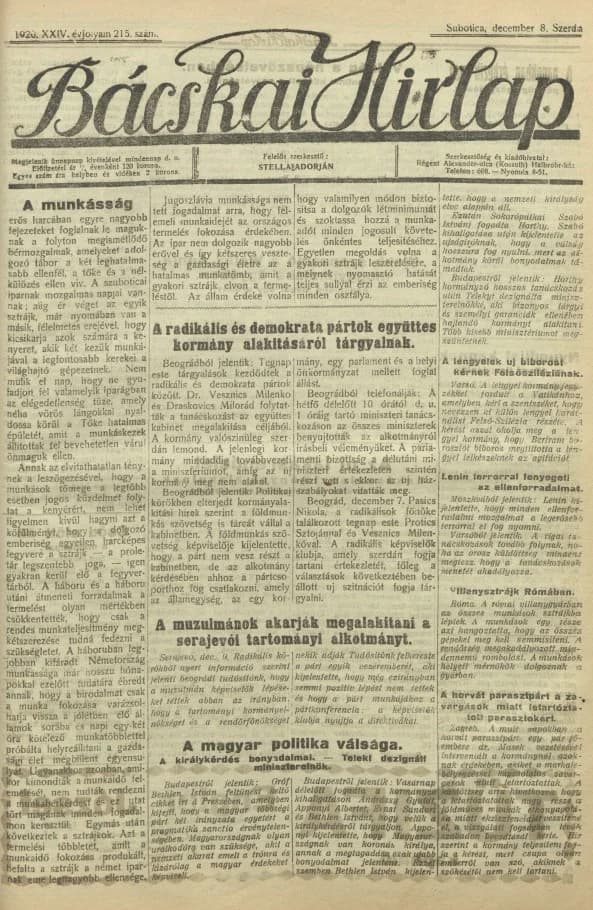 Bácskai Hirlap, 24. évf. 1920. december 8. 215. sz.