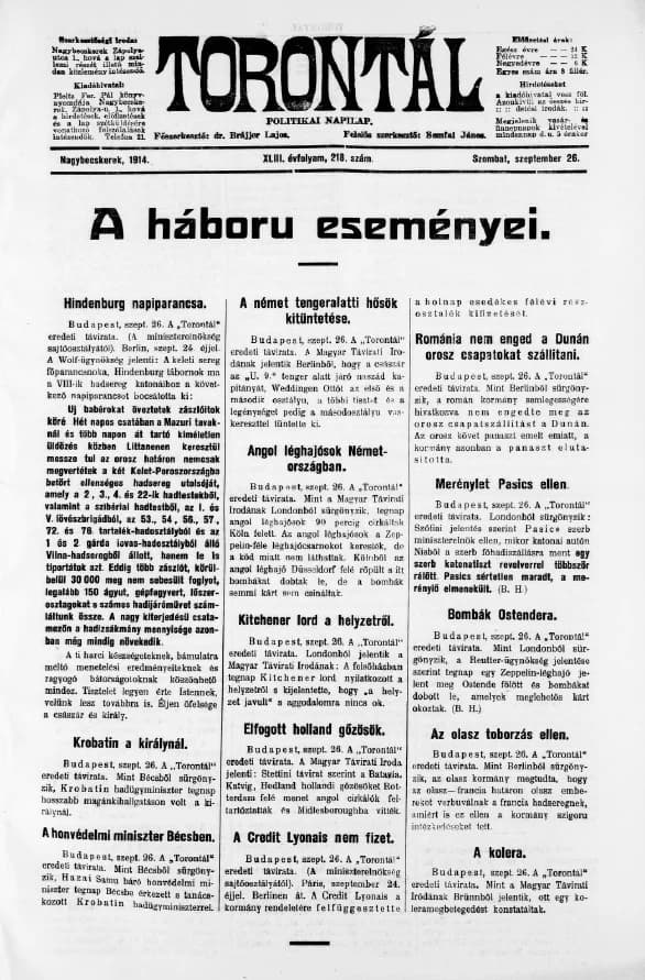 Torontál, 43. évf. 1914. szeptember 26. 218. sz.