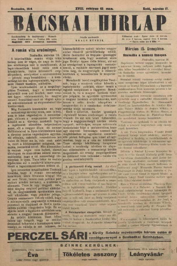 Bácskai Hirlap, 18. évf. 1914. március 17. 62. sz.
