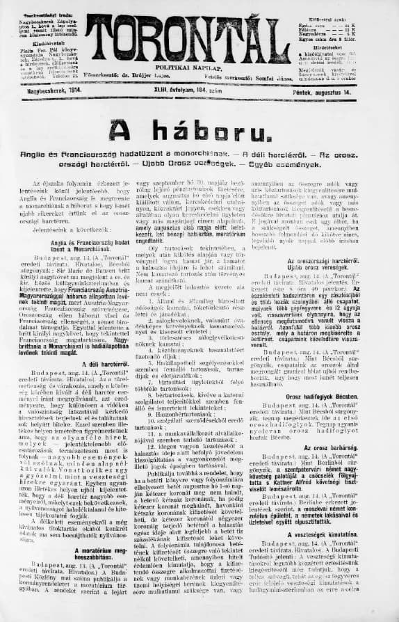Torontál, 43. évf. 1914. augusztus 14. 184. sz.