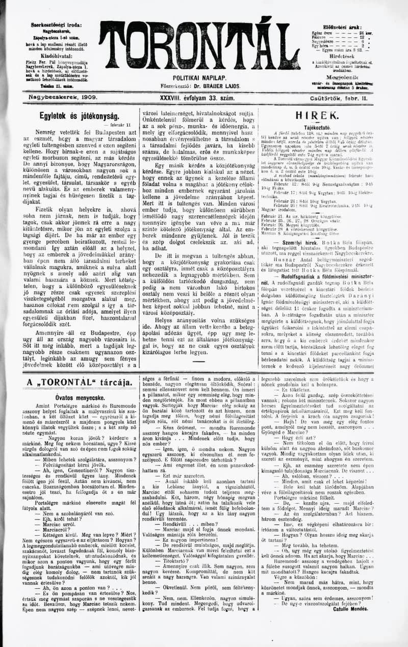 Torontál, 38. évf. 1909. február 11. 33. sz.