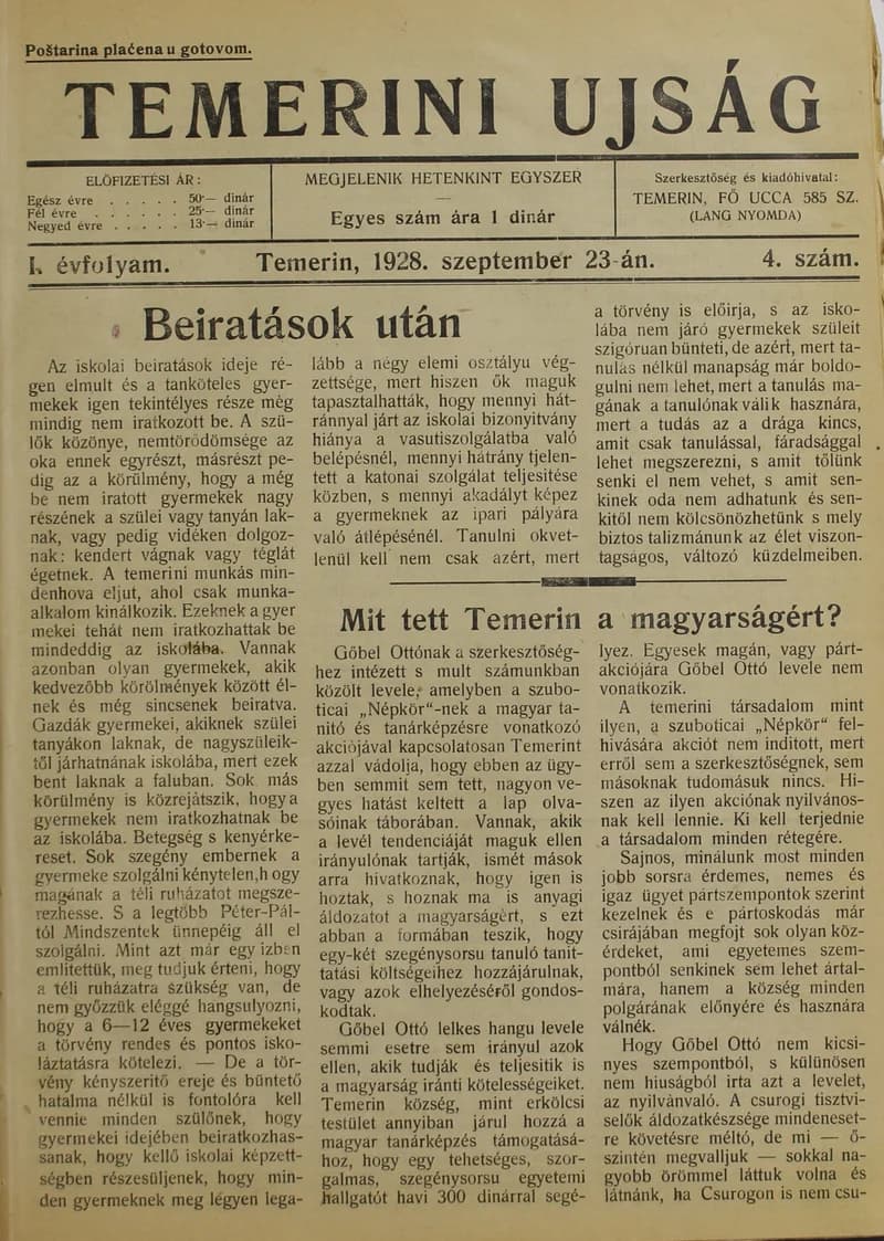 Temerini Újság 1928-1944, 1. évf. 1928. szeptember 23. 4. sz.