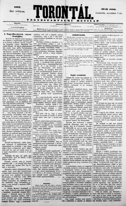Torontál, 1. évf. 1872. november 7. 32. sz.