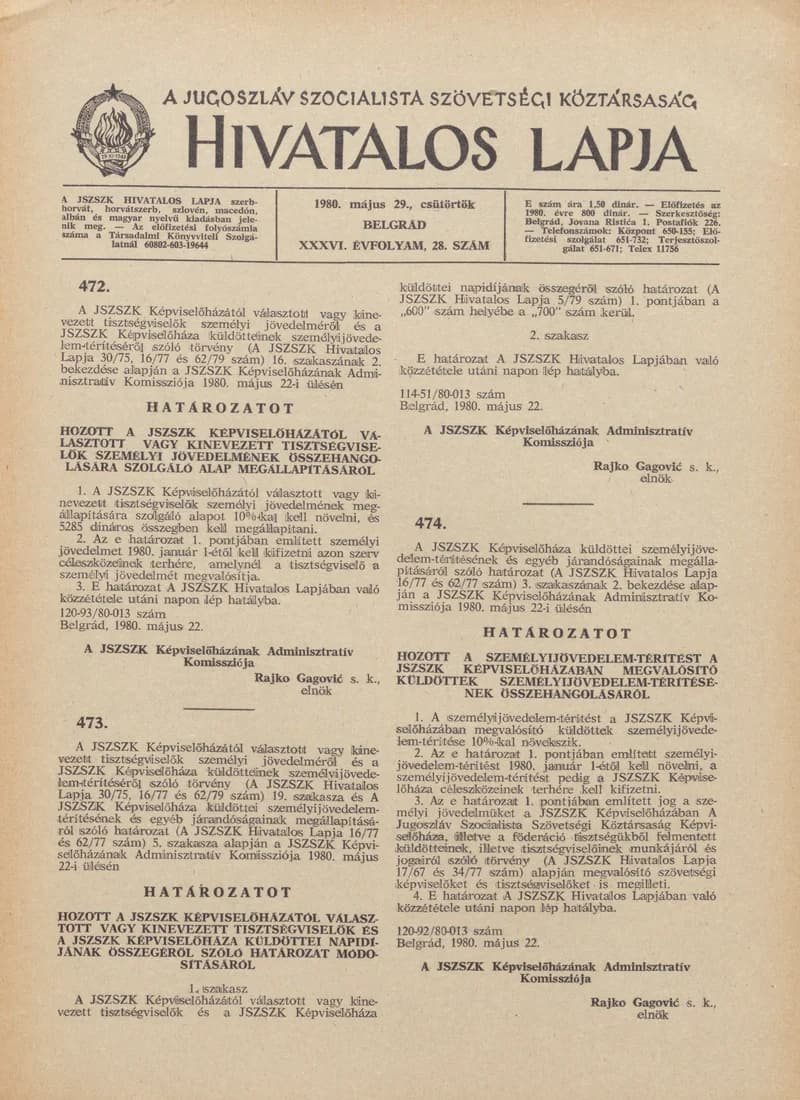 A Jugoszláv Szocialista Szövetségi Köztársaság Hivatalos Lapja, 36. évf. 1980. május 29. 28. sz. 965–968. oldal