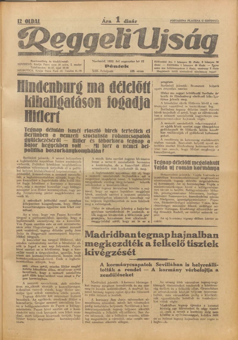 Reggeli Újság, 13. évf. 1932. augusztus 12. 189. sz.