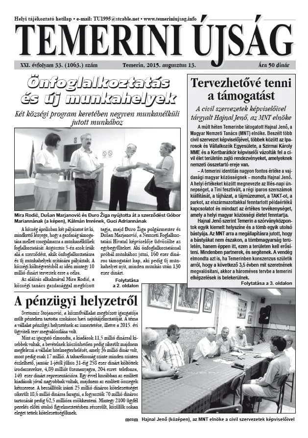 Temerini Újság, 21. évf. 2015. augusztus 13. 33. sz.