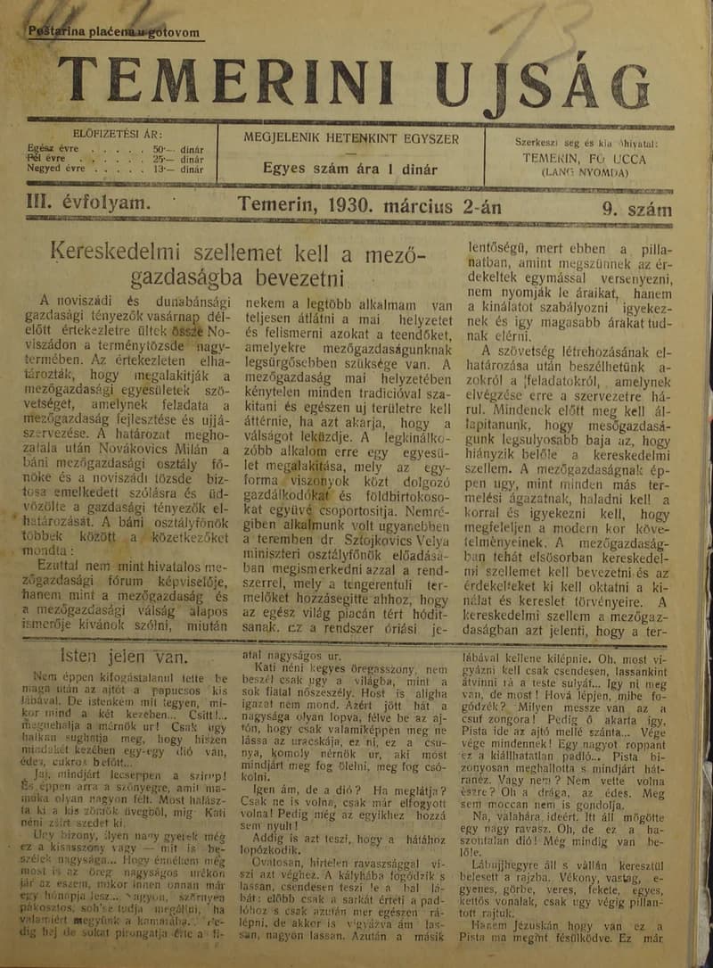 Temerini Újság 1928-1944, 3. évf. 1930. március 2. 9. sz.