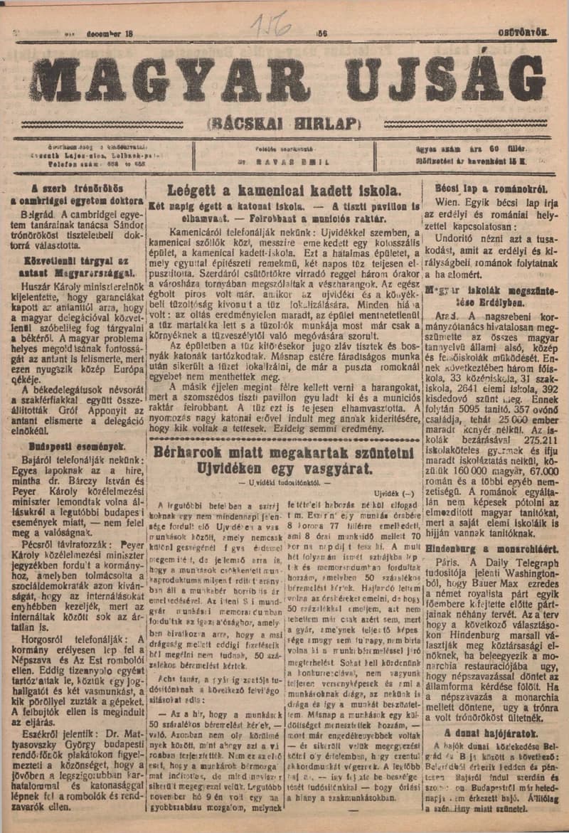 Bácskai Hirlap, 23. évf. 1919. december 18. 156. sz.