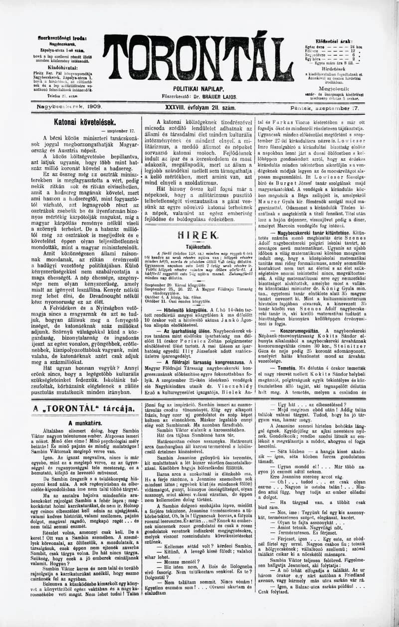 Torontál, 38. évf. 1909. szeptember 17. 211. sz.