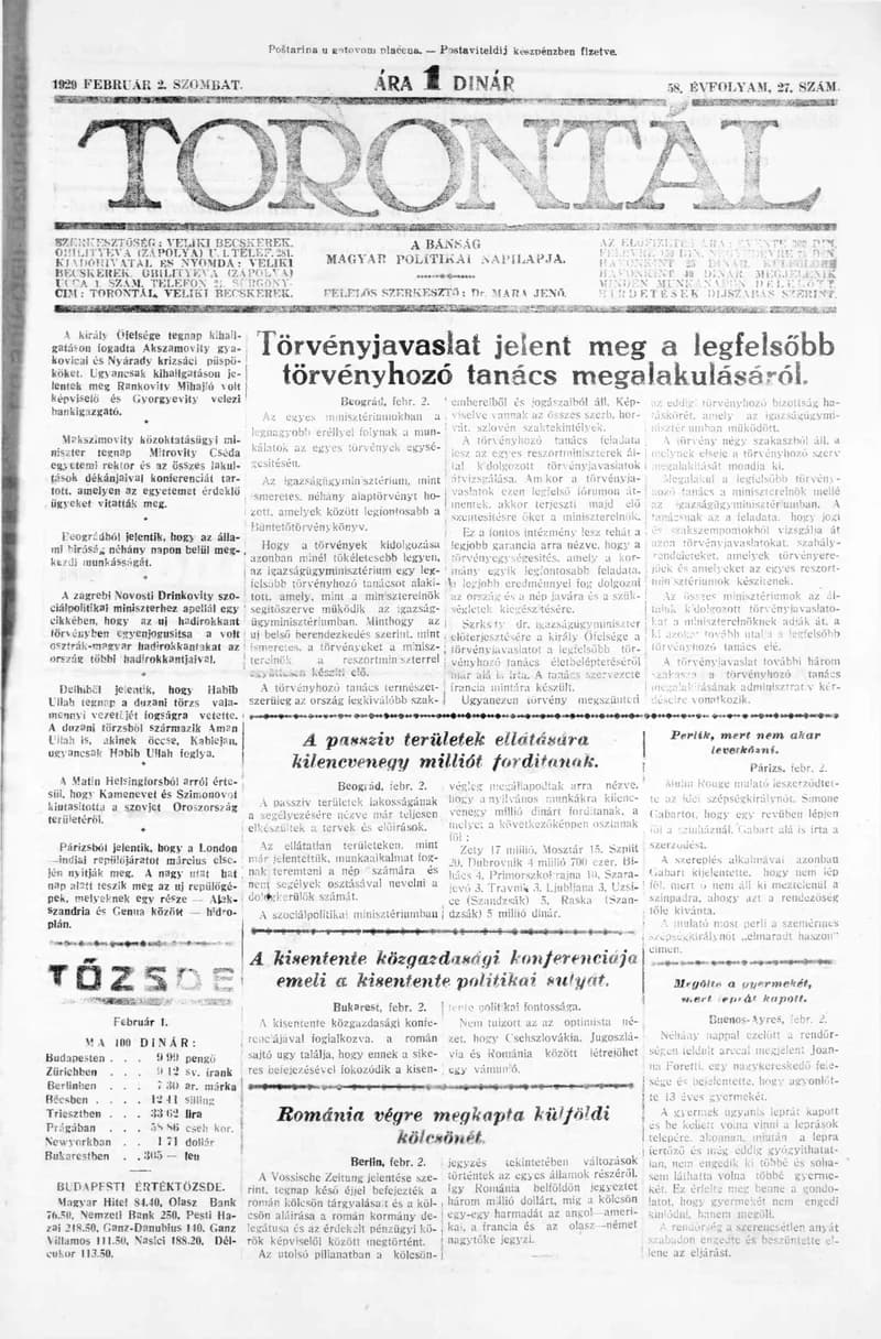 Torontál, 58. évf. 1929. február 2. 27. sz.