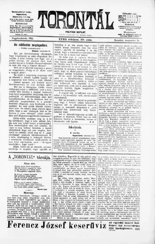 Torontál, 32. évf. 1903. szeptember 26. 218. sz.