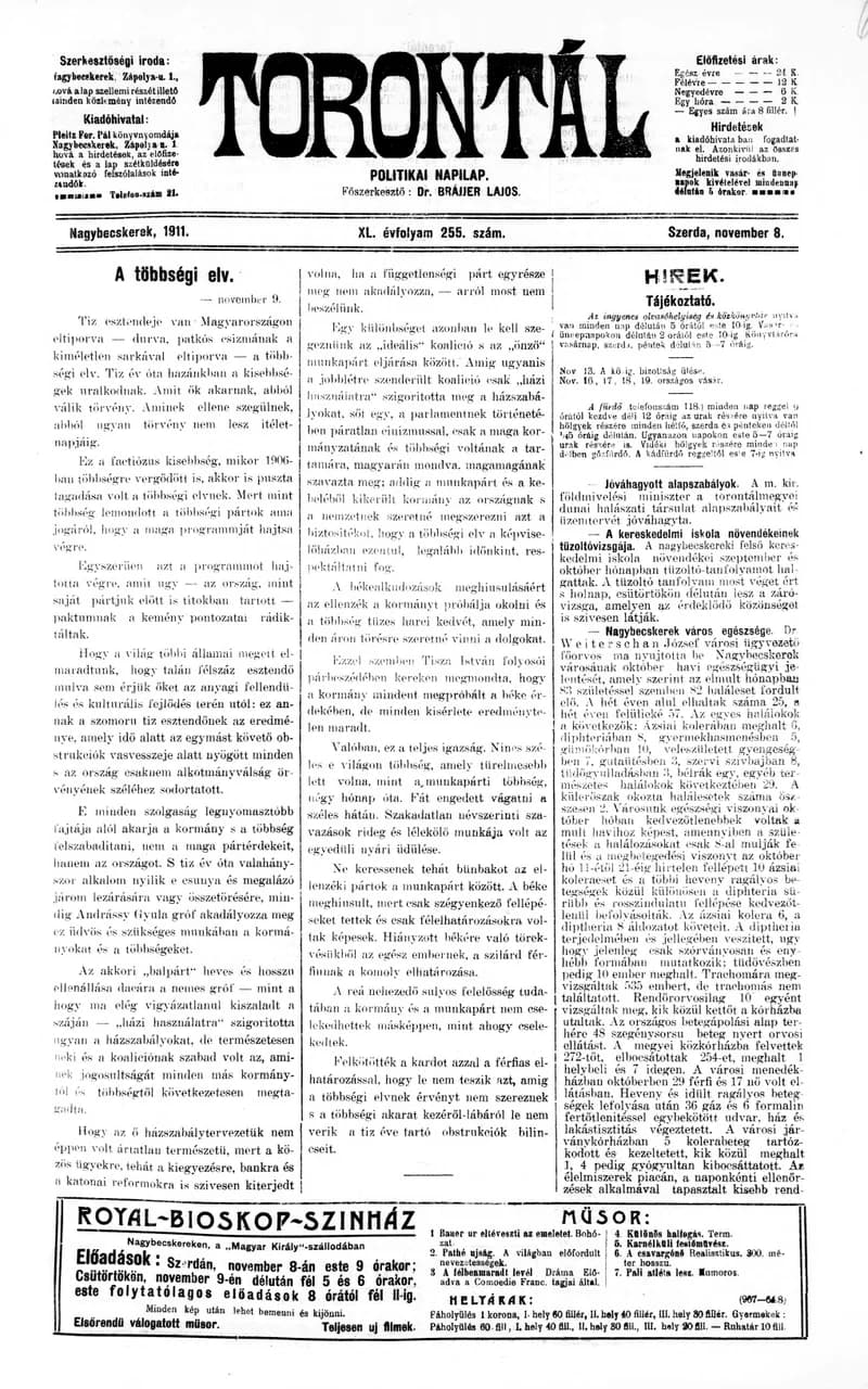 Torontál, 40. évf. 1911. november 8. 255. sz.