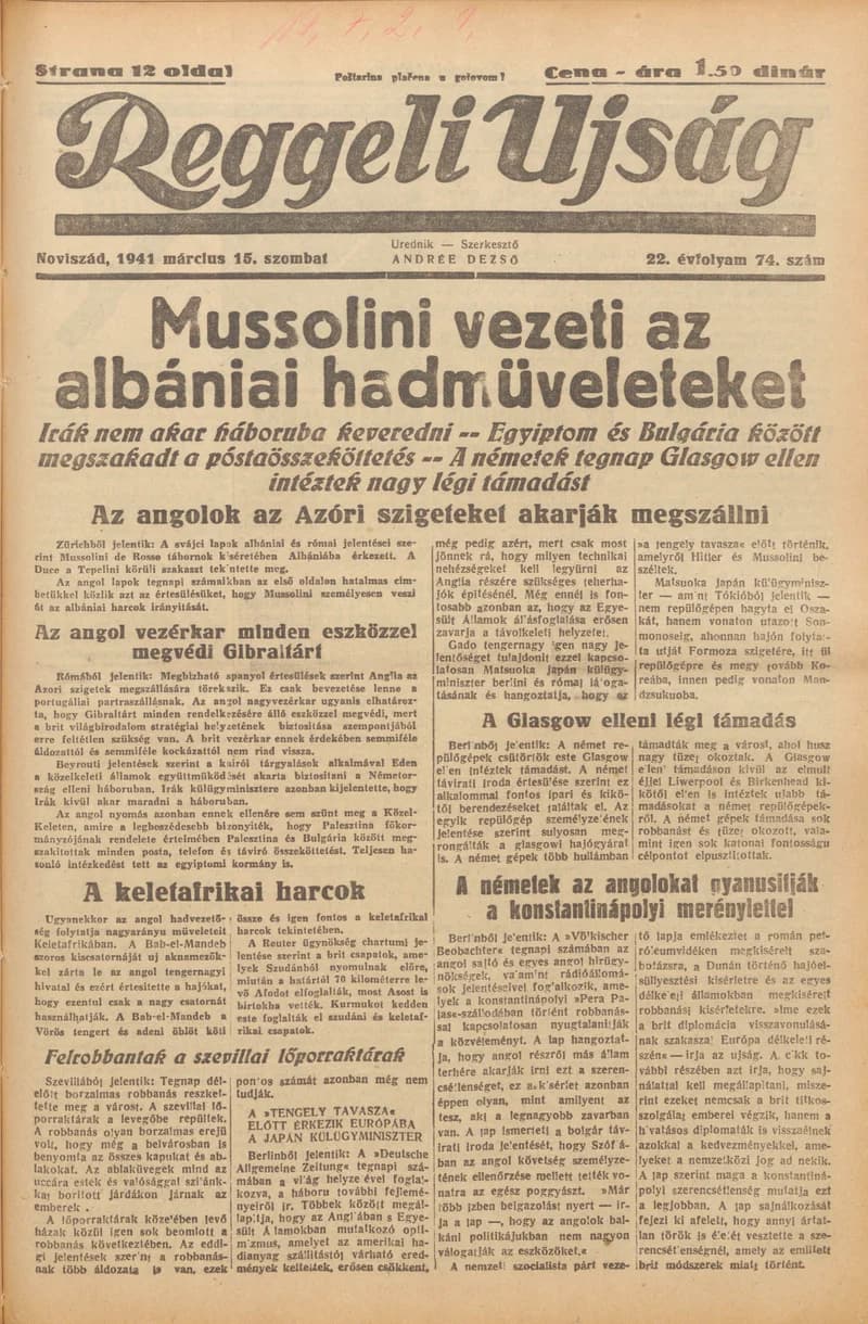 Reggeli Újság, 22. évf. 1941. március 15. 74. sz.