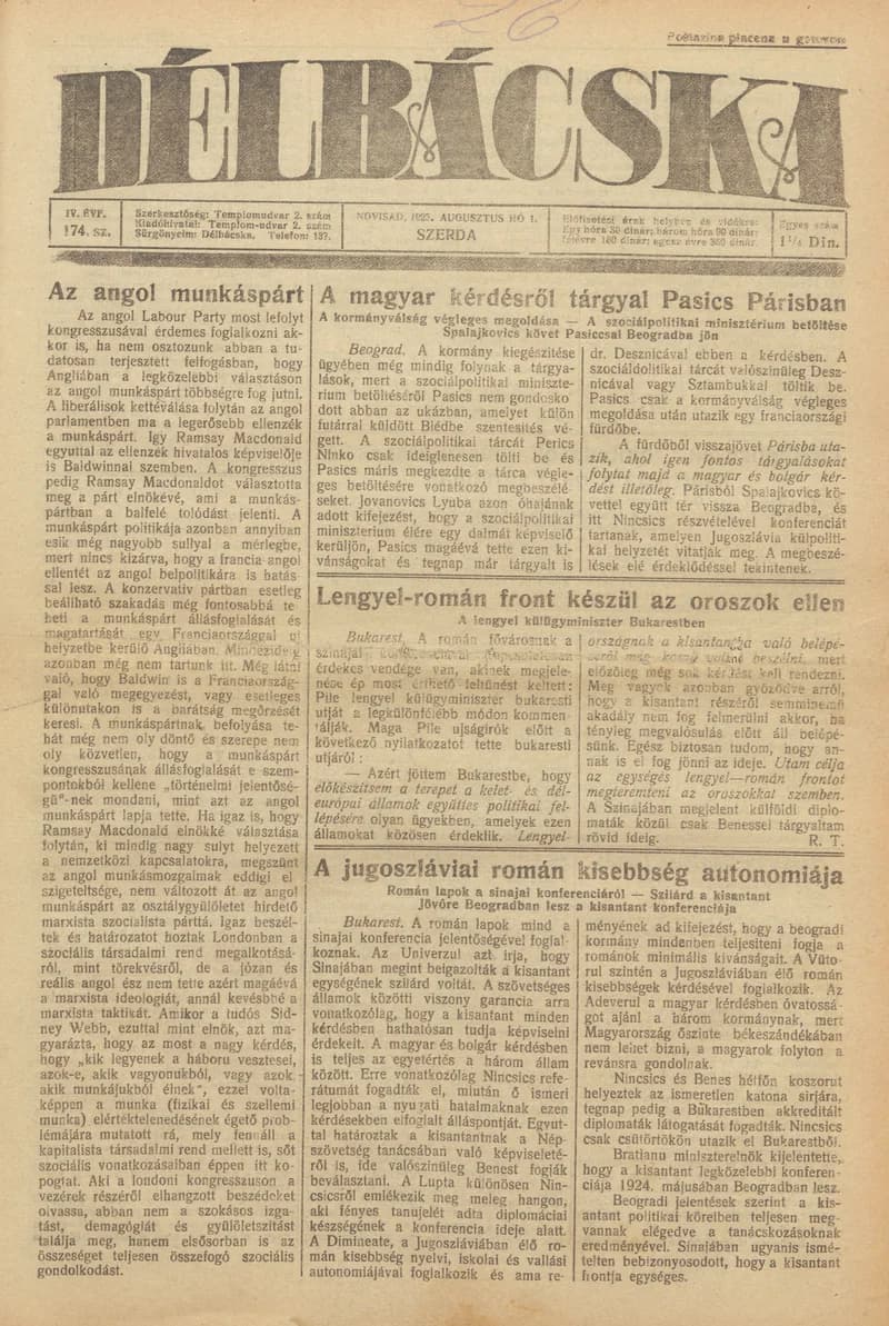 Délbácska, 4. évf. 1923. augusztus 1. 174. sz.