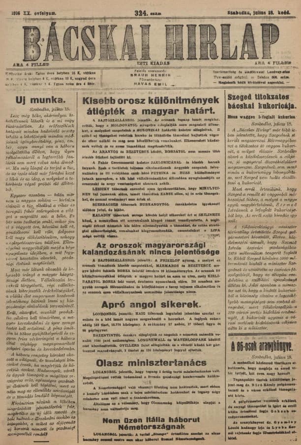 Bácskai Hirlap, 20. évf. 1916. július 18. 324. sz.