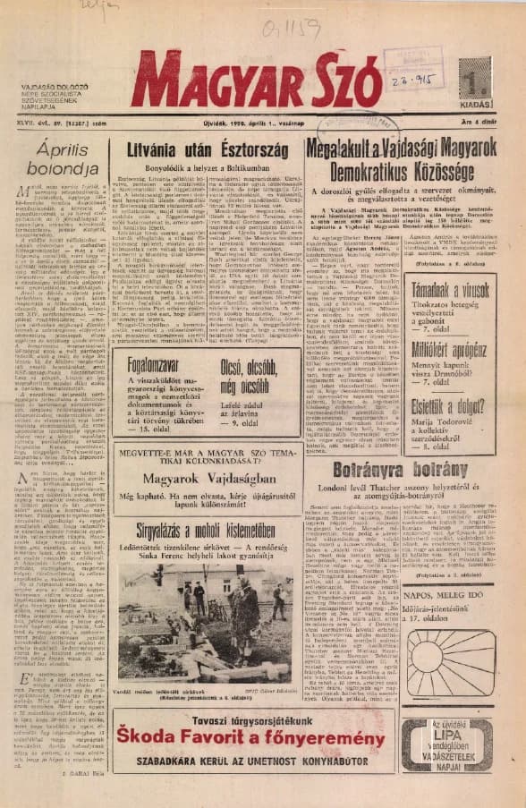 Magyar Szó, 47. évf. 1990. április 1. 89. sz. 1–32. oldal
