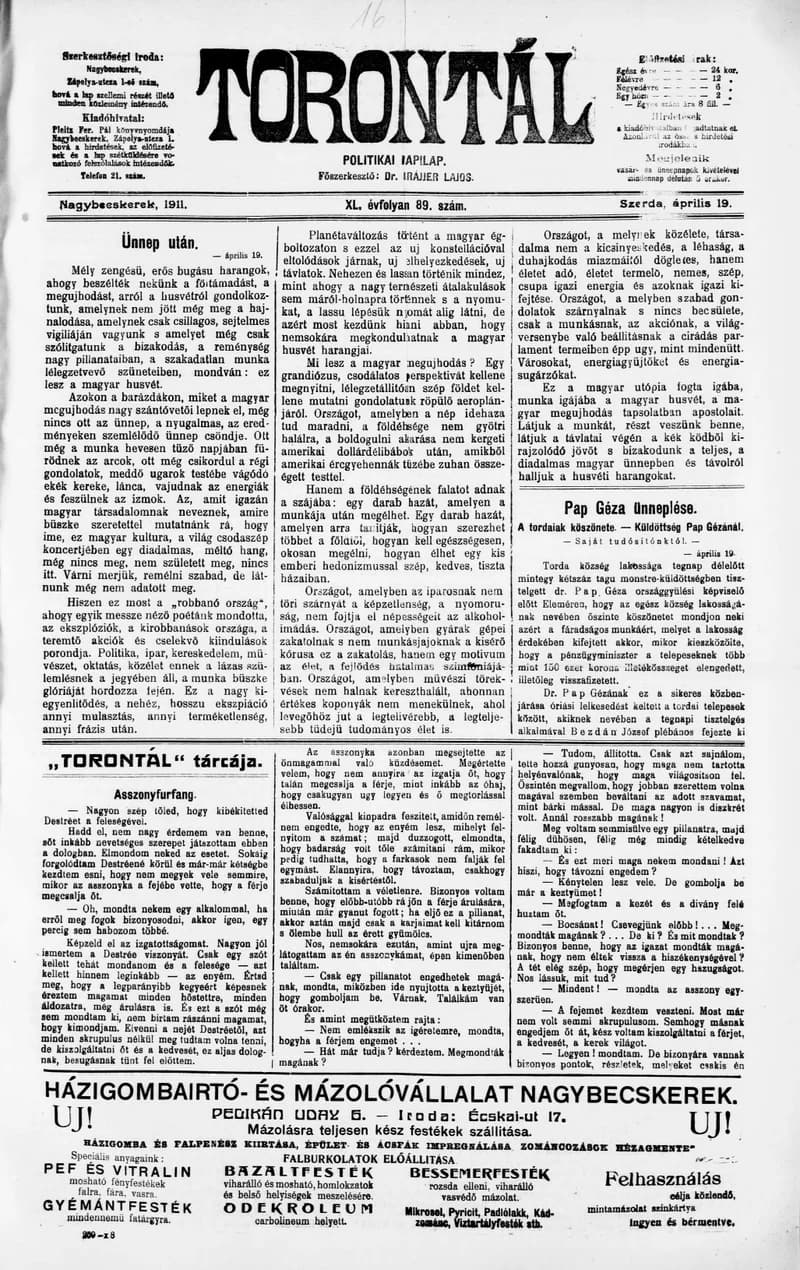 Torontál, 40. évf. 1911. április 19. 89. sz.