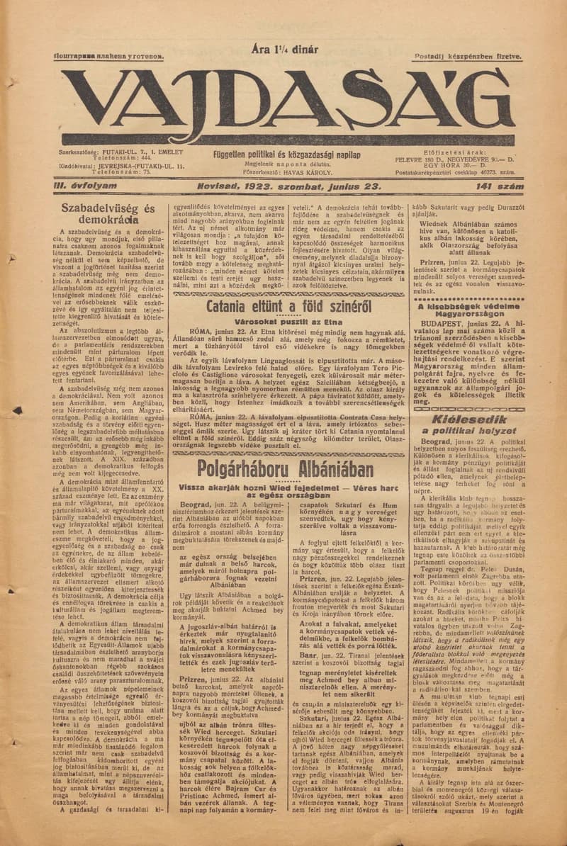 Vajdaság, 3. évf. 1923. június 23. 141. sz.