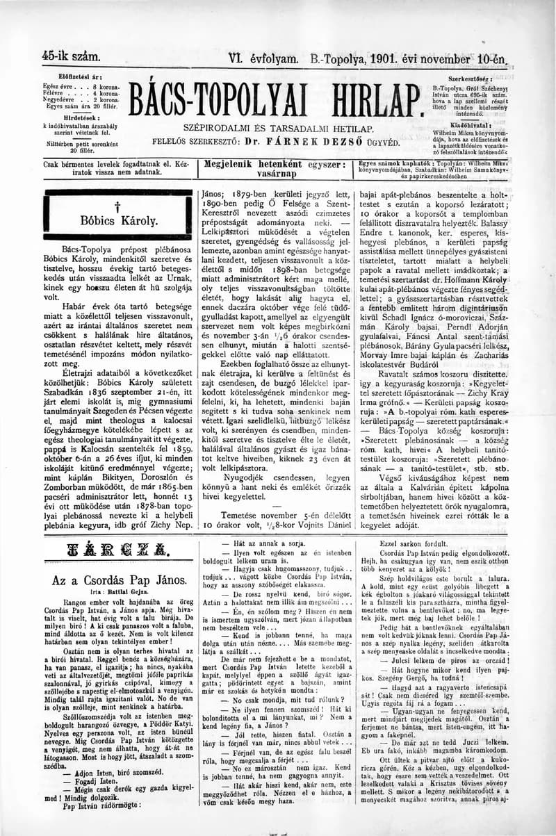 Bács-Topolyai Hirlap, 6. évf. 1901. november 10. 45. sz.