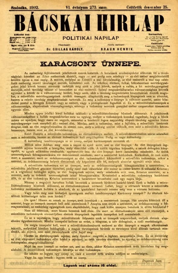 Bácskai Hirlap, 6. évf. 1902. december 25. 273. sz.