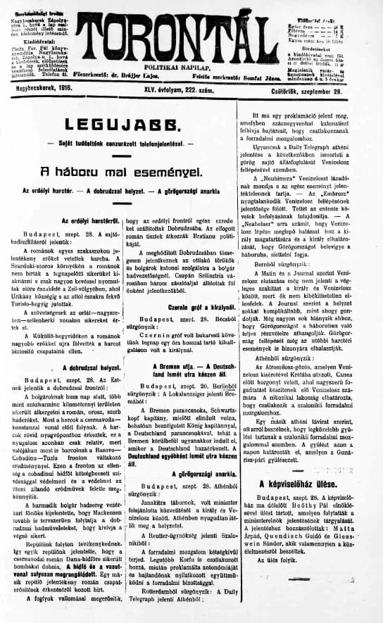Torontál, 45. évf. 1916. szeptember 28. 222. sz.