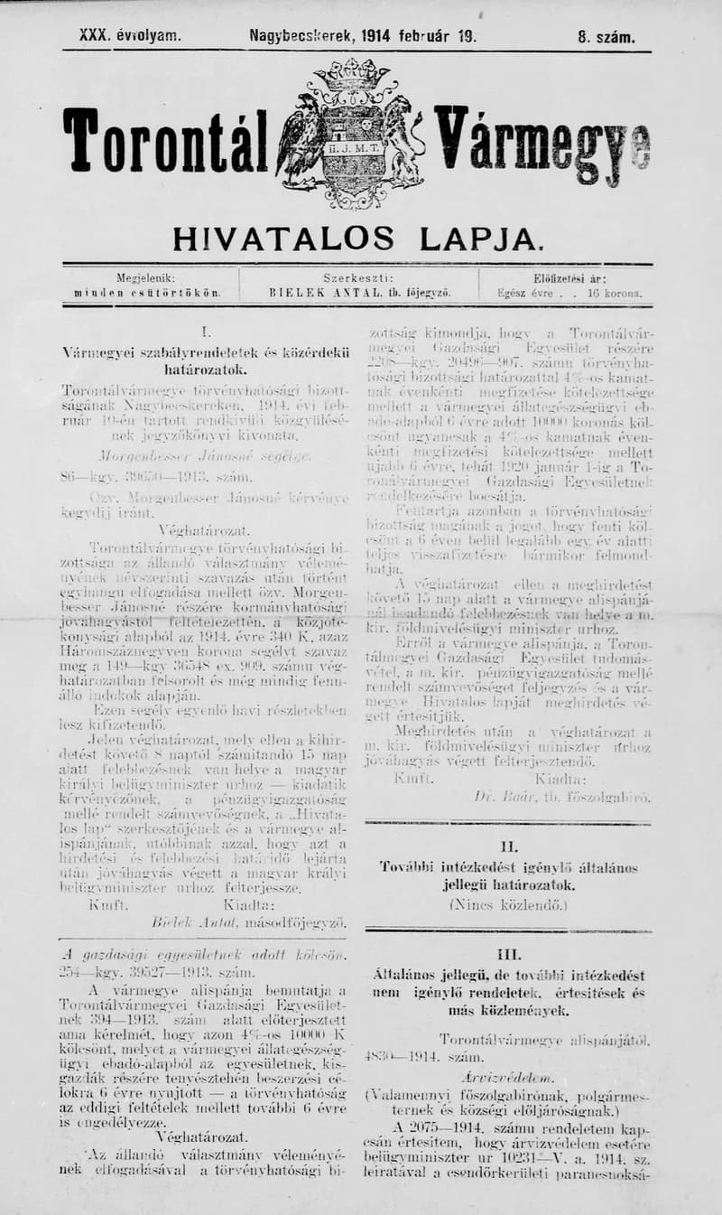 Torontál Vármegye Hivatalos Lapja, 30. évf. 1914. február 19. 8. sz.