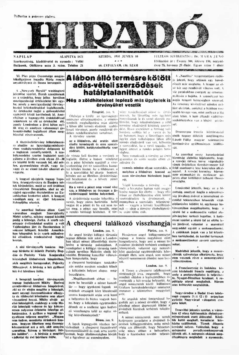 Híradó, 60. évf. 1931. június 10. 130. sz.