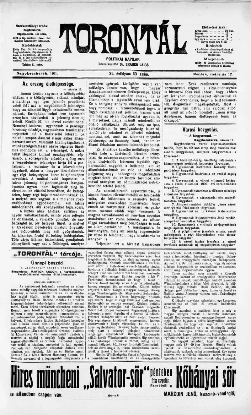 Torontál, 40. évf. 1911. március 17. 63. sz.