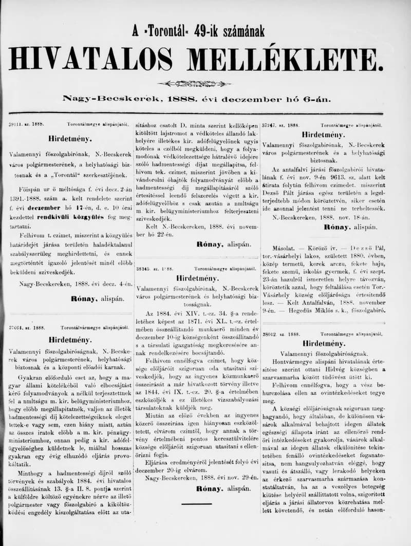A Totontál  hivatalos melléklete, 1. évf. 1888. december 6. 49. sz.