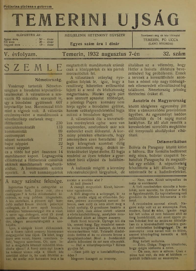 Temerini Újság 1928-1944, 5. évf. 1932. augusztus 7. 32. sz.