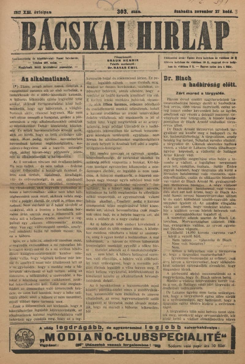 Bácskai Hirlap, 21. évf. 1917. november 27. 303. sz.