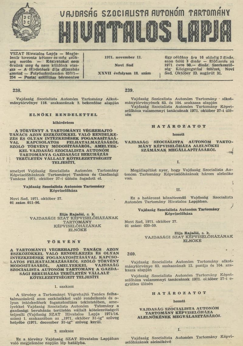Vajdaság Szocialista Autonóm Tartomány Hivatalos Lapja, 27. évf. 1971. november 11. 18. sz. 333–336. oldal