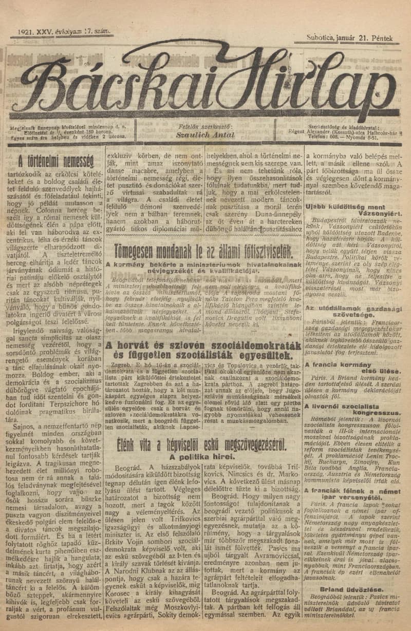 Bácskai Hirlap, 25. évf. 1921. január 21. 17. sz.