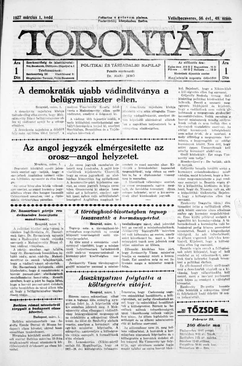 Torontál, 56. évf. 1927. március 1. 48. sz.