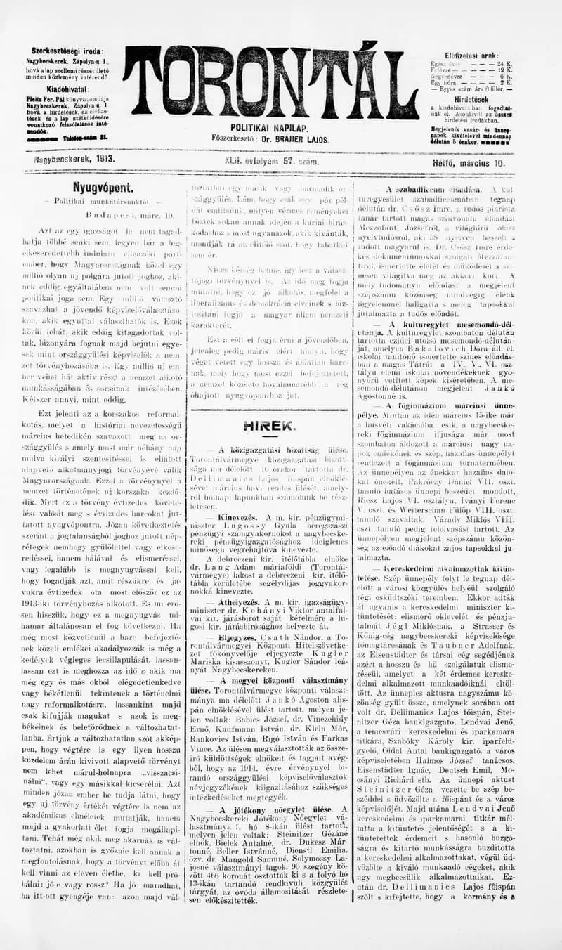 Torontál, 42. évf. 1913. március 10. 57. sz.