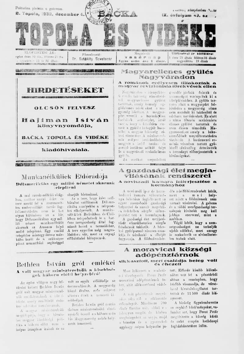 Bačka Topola és Vidéke, 9. évf. 1932. december 4. 49. sz.