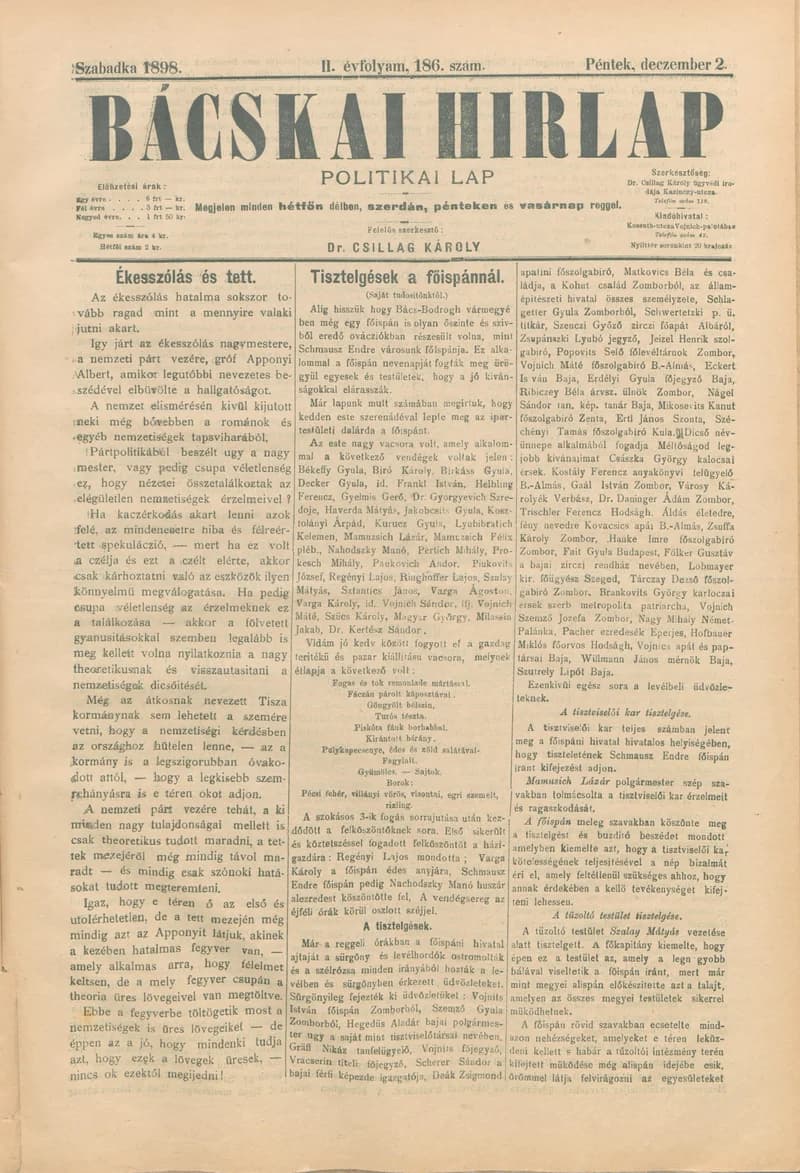 Bácskai Hirlap, 2. évf. 1898. december 2. 186. sz. 1–4. oldal
