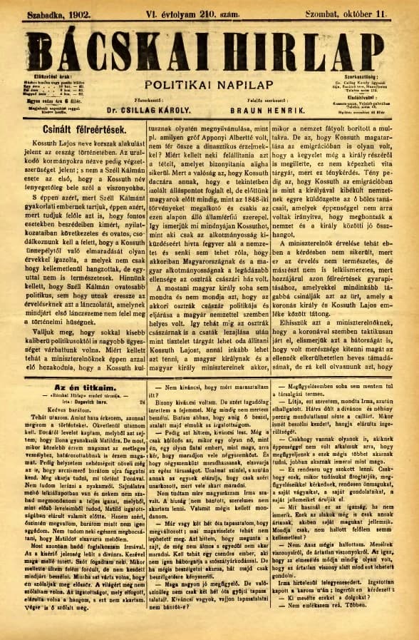 Bácskai Hirlap, 6. évf. 1902. október 11. 210. sz.