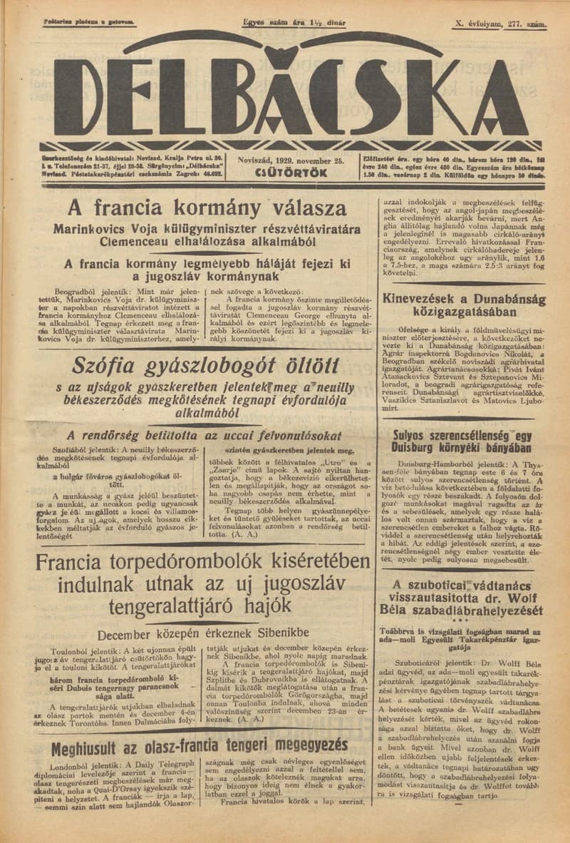Délbácska, 10. évf. 1929. november 28. 277. sz.