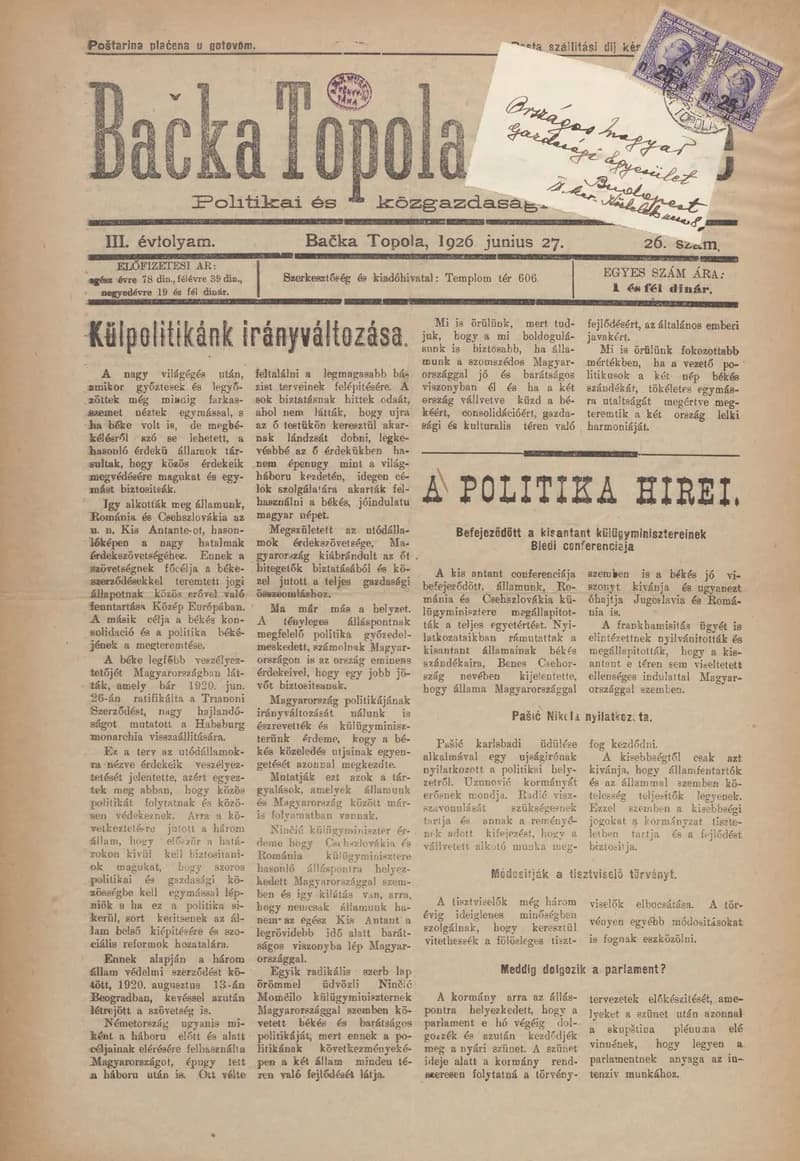 Bačka Topola és Vidéke, 3. évf. 1926. június 27. 26. sz.