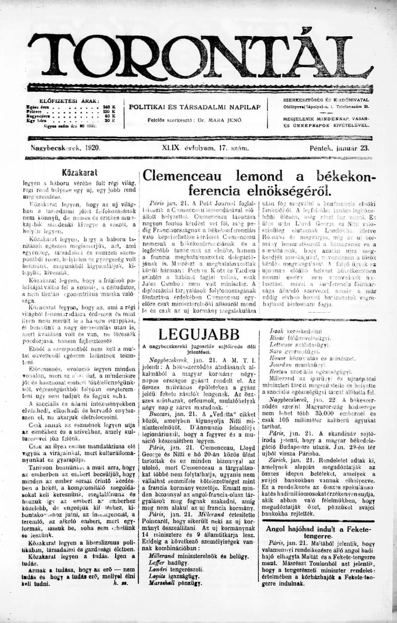 Torontál, 49. évf. 1920. január 23. 17. sz.