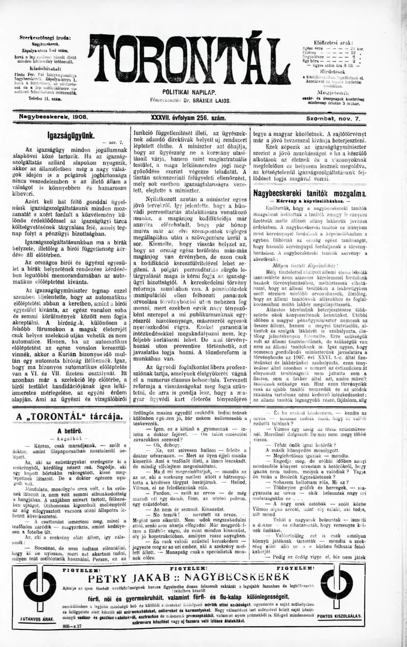 Torontál, 37. évf. 1908. november 7. 256. sz.